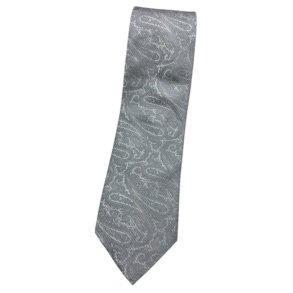 DAVIDOFF Men's 100% Silk Necktie LUXURY Tie Gray Silver Paisley W:3.6" EUC